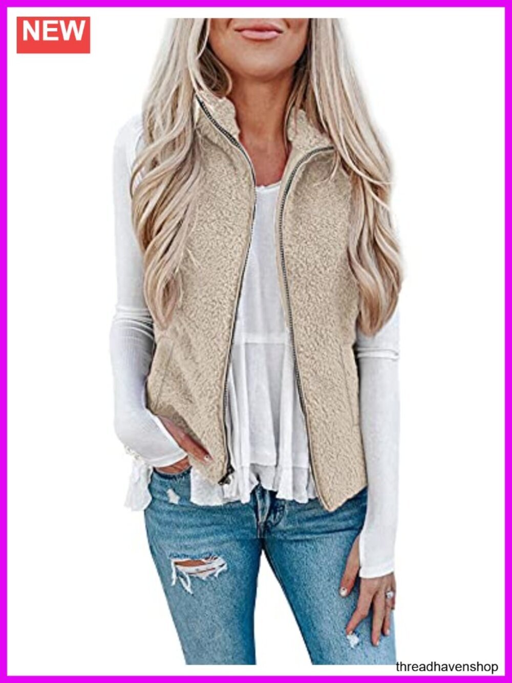 Fuzzy Sherpa Fleece Vest Sleeveless Zipper Cardigan Lightweight Outerwear with
